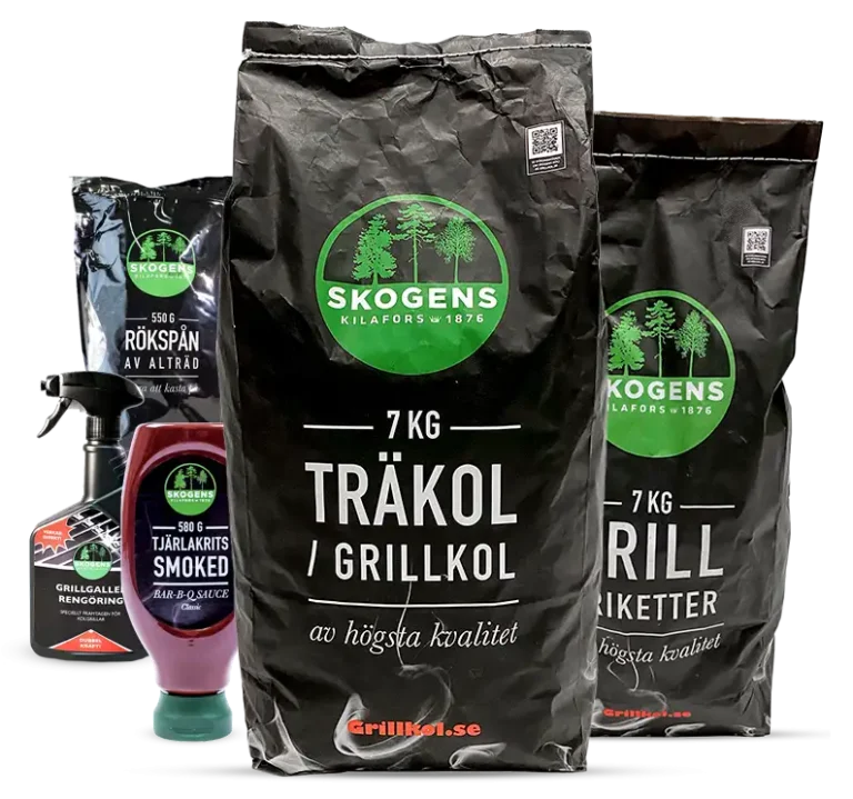 Produktbilder på grillkol, träkol, briketter och relaterade grillprodukter