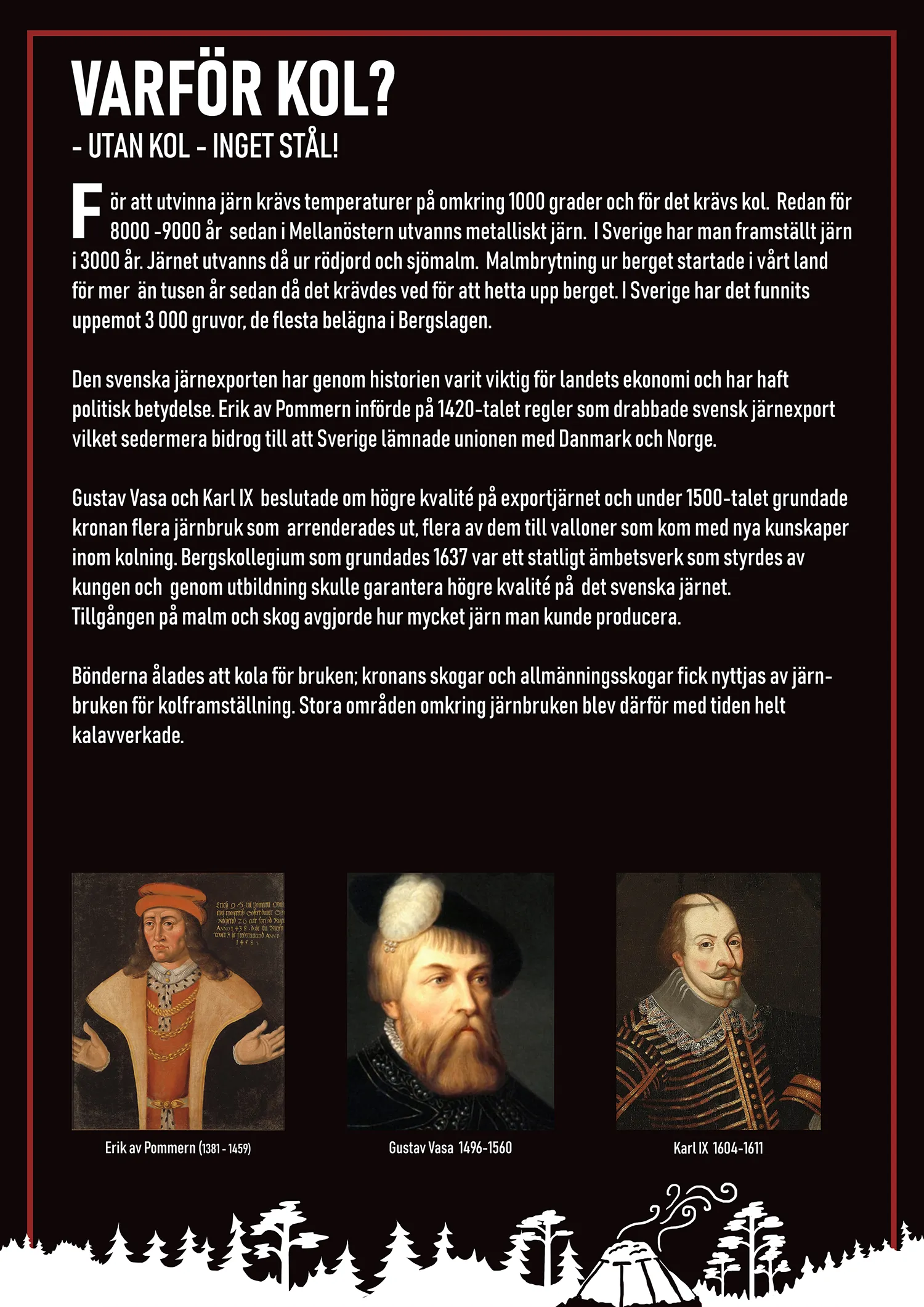 Historien om kolets betydelse för svensk järnframställning, med porträtt av Erik av Pommern, Gustav Vasa och Karl IX.
