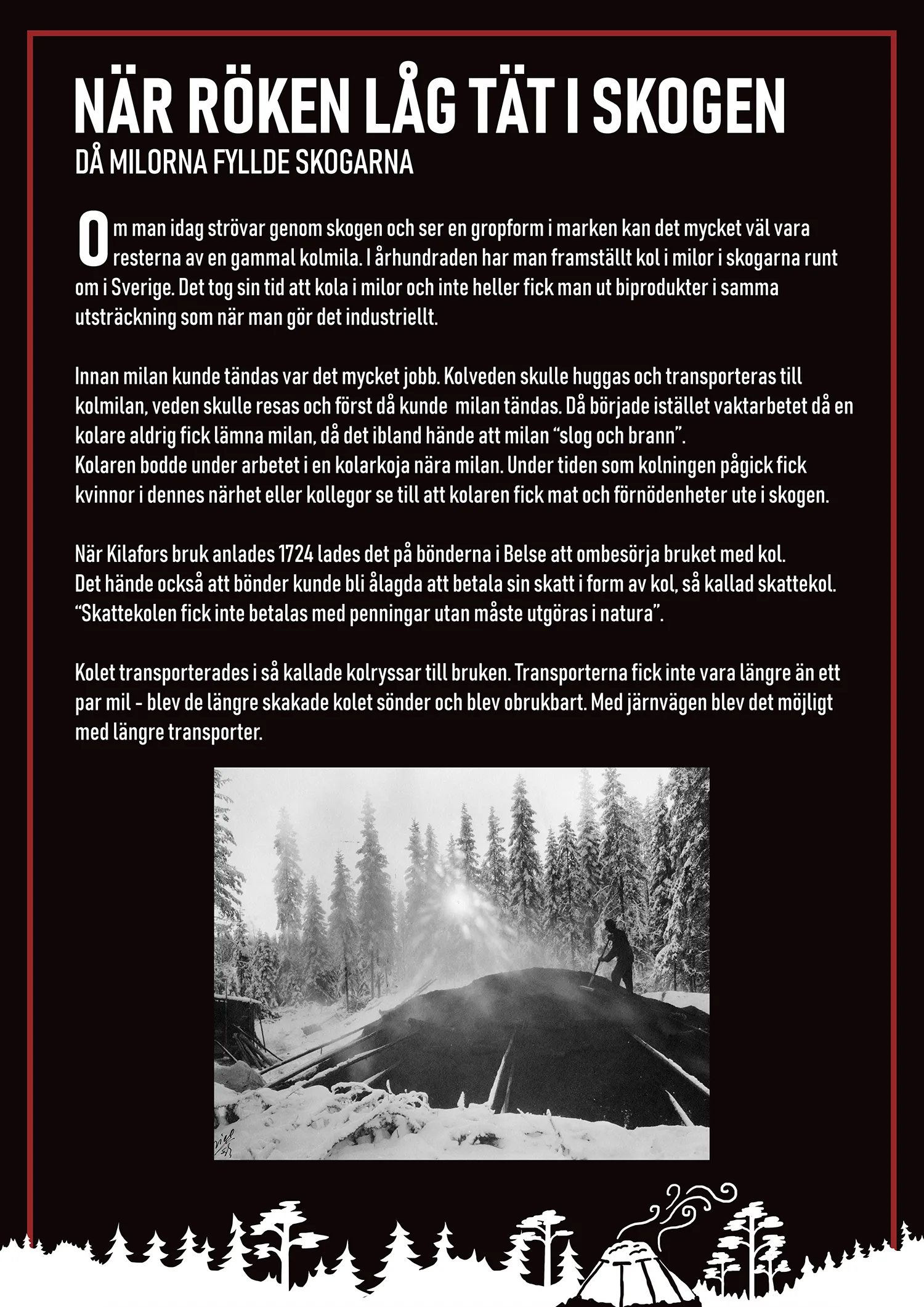 Historien om kolmilor och traditionell kolning i de svenska skogarna. Bilden föreställer en kolare som arbetar vid en kolmila i skogen en vinterdag.