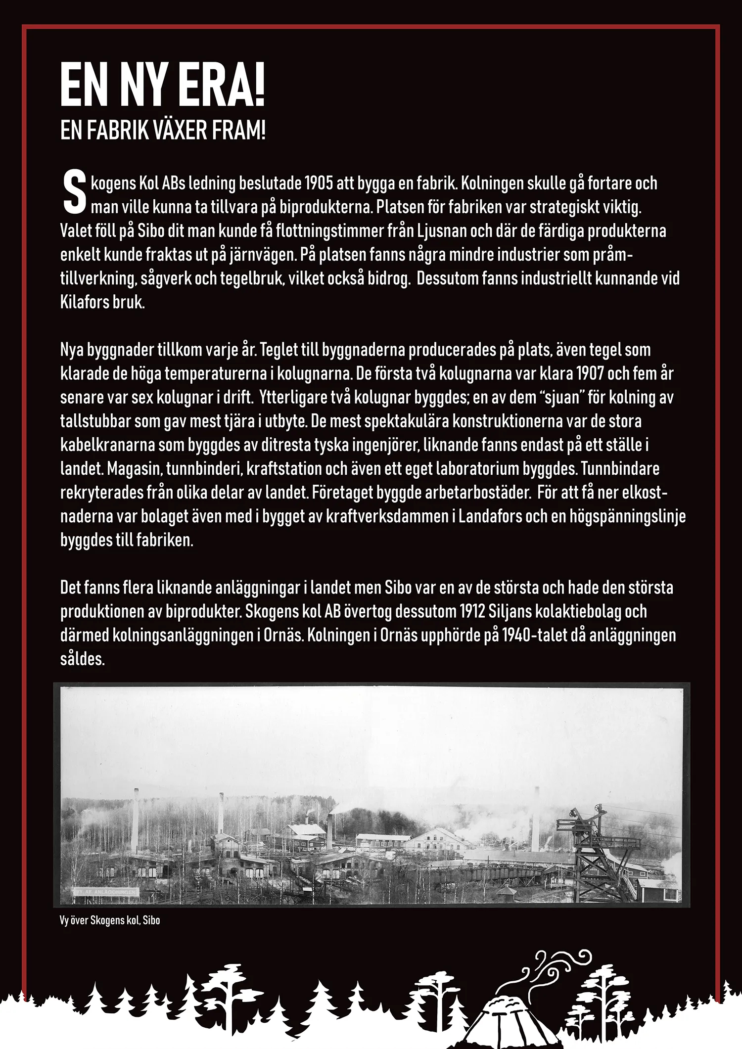 Skogens Kol AB:s fabrik i Sibo växer fram under början av 1900-talet, med kolugnar, industribyggnader och anläggningen vid järnvägen.
