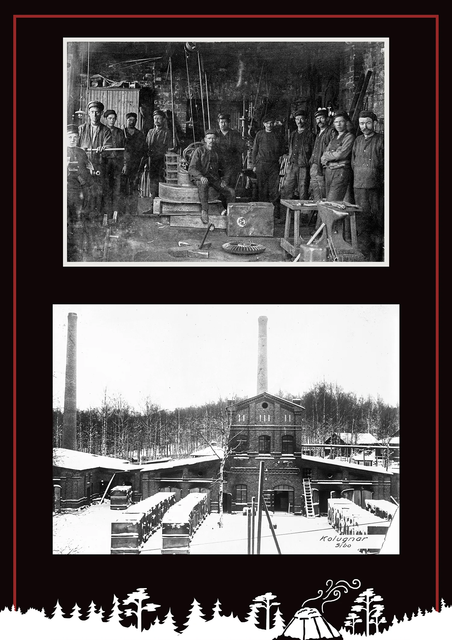 Historiska bilder från Skogens Kol i Sibo med arbetare i verkstaden och fabrikens kolugnar.
