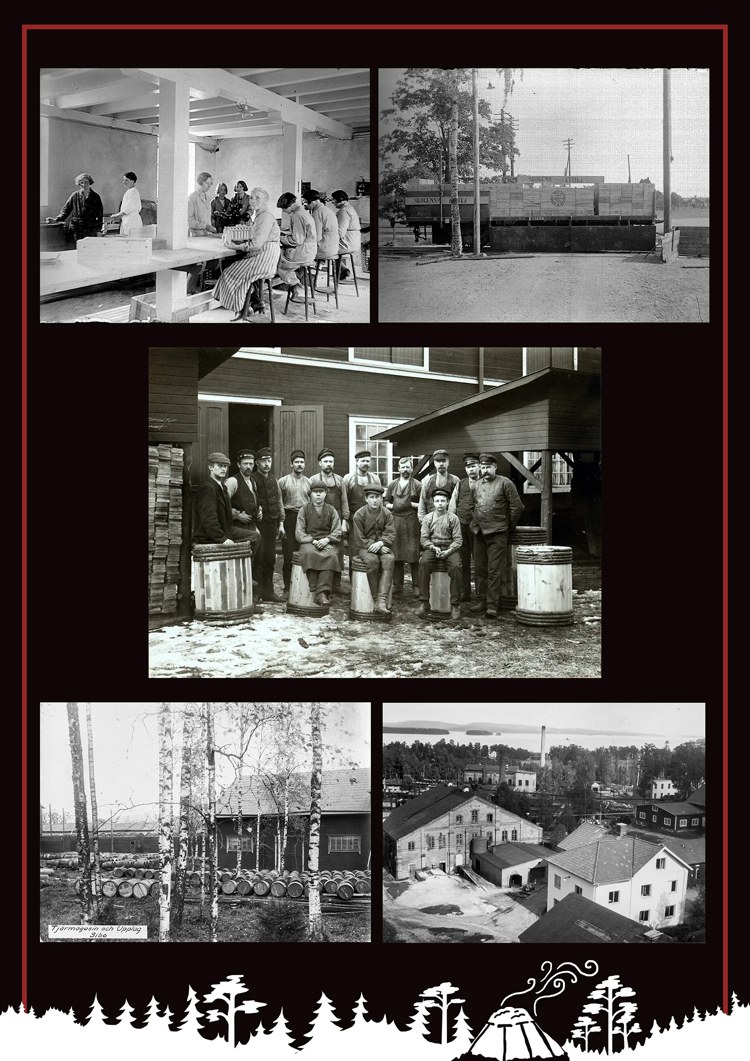 Historiska bilder från Skogens Kol i Sibo med arbetare, tunnbinderi, ättiksproduktion, tjärlager och fabriksområdet.