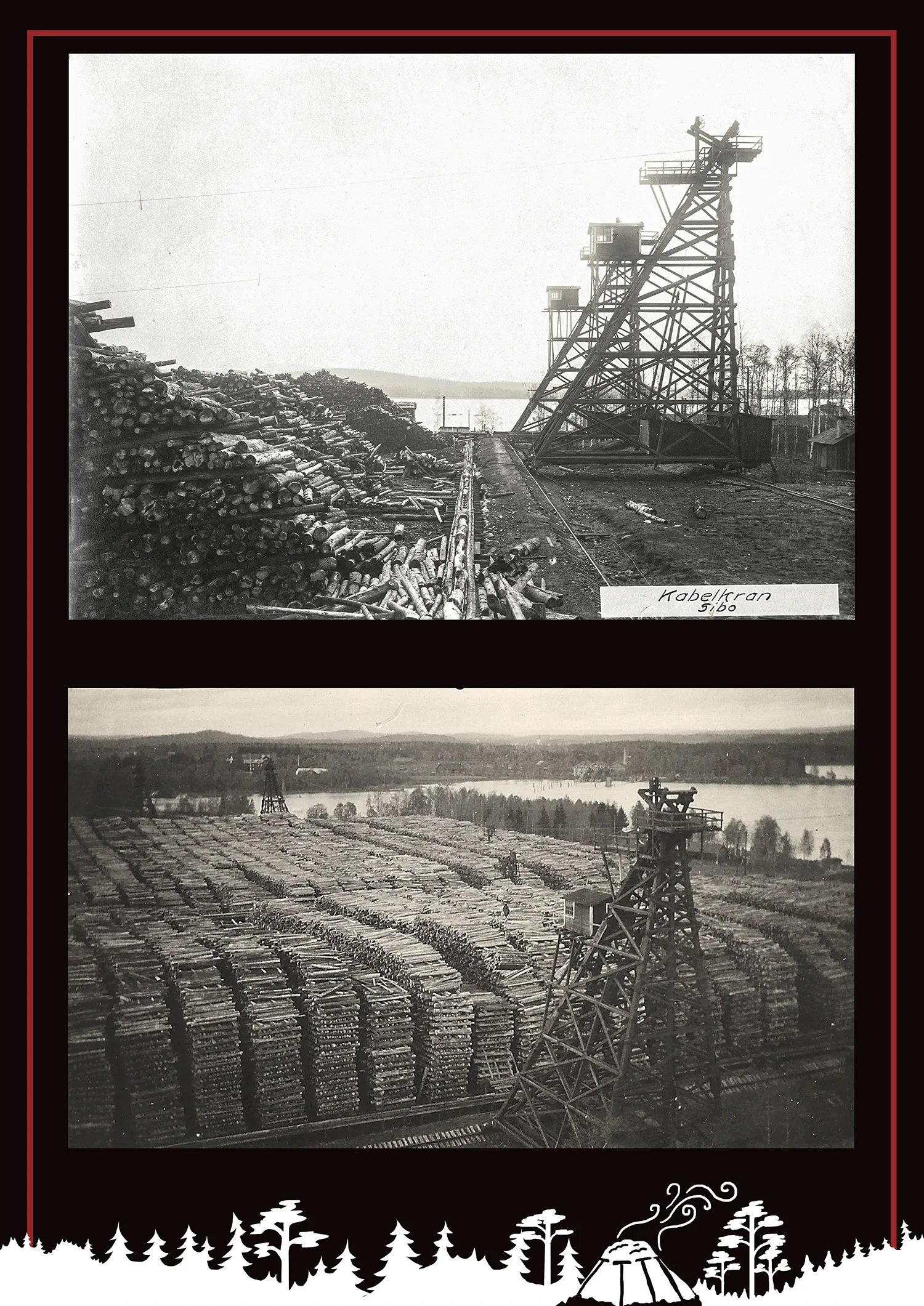 Historiska bilder av kabelkranarna och de stora vedlagren vid Skogens Kol i Sibo