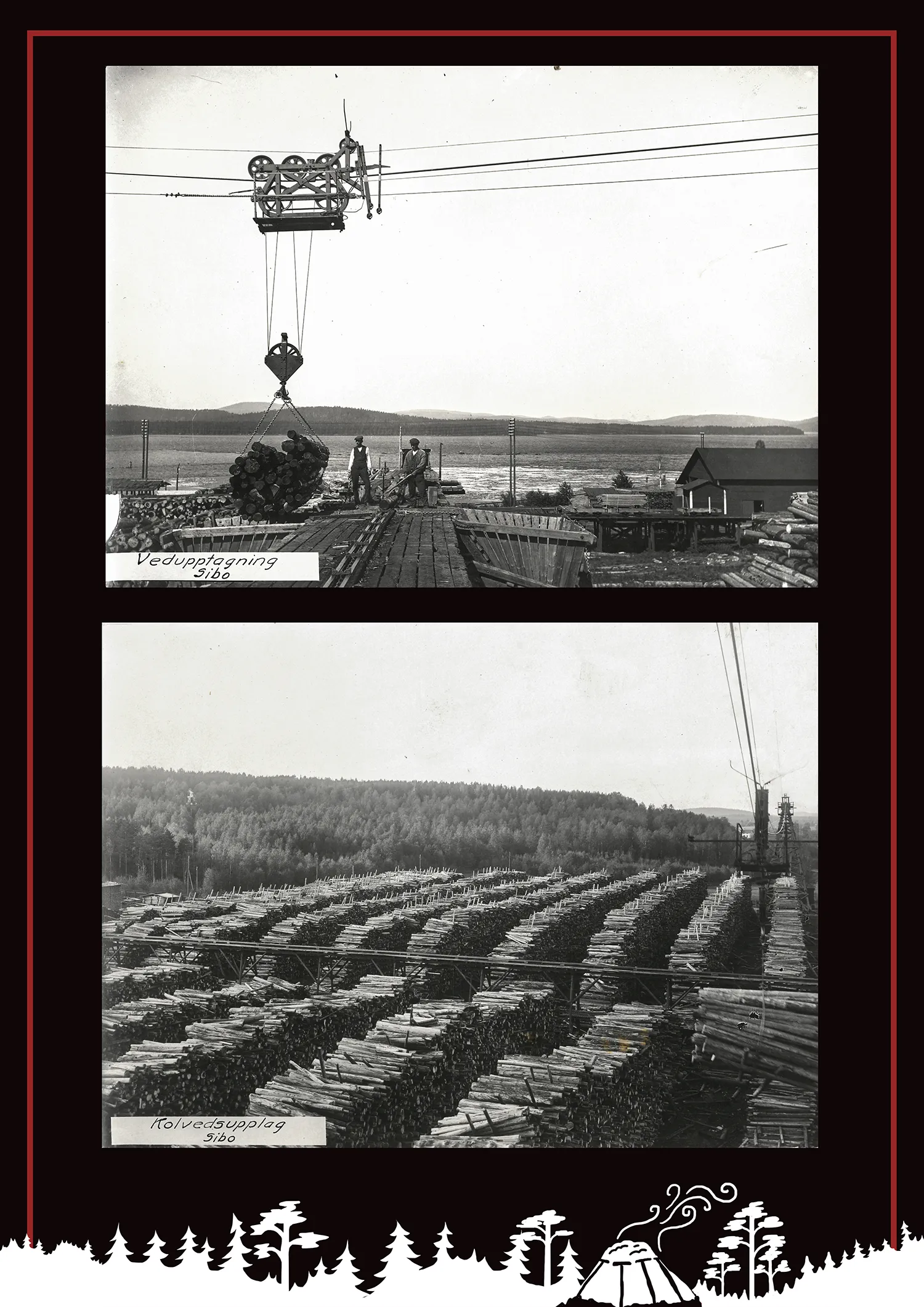 Historiska bilder på kabelkran och vedlager på fabriksområdet hos Skogens kol i Sibo.